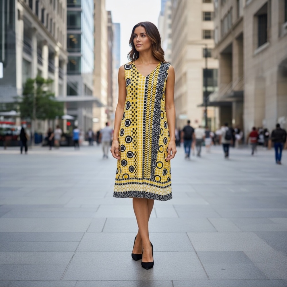 Chic Yellow and Black Patterned Midi Dress